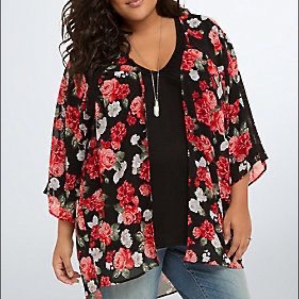 Red Floral Kimono with Crochet Detail